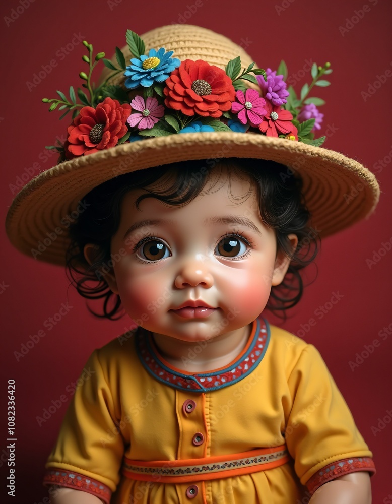 mexican baby girl with smooth facial features and beautiful baby hat on her head,red,yellow,green,blue,purple,realistic,detailed,detailed mexican baby girl with smooth facial features and beautiful baby hat on her head,red,yellow,green,blue,purple,realistic,detailed,detailed