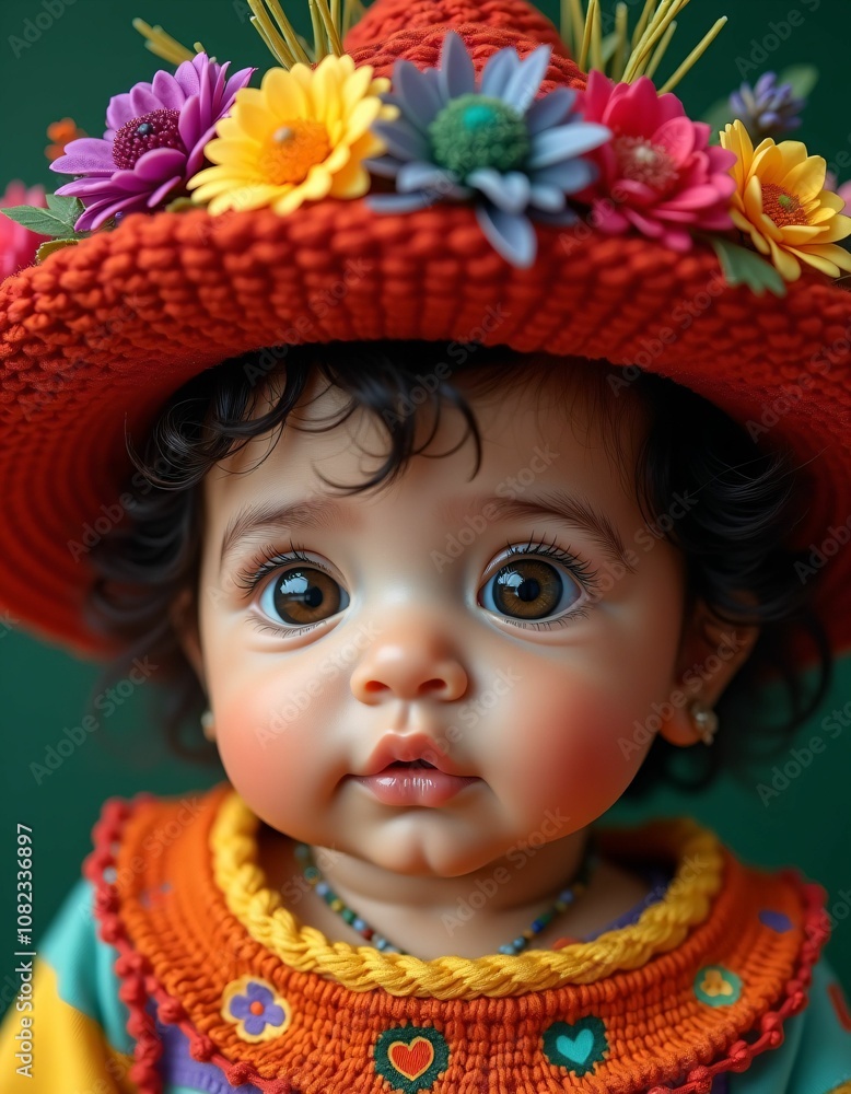 mexican baby girl with smooth facial features and beautiful baby hat on her head,red,yellow,green,blue,purple,realistic,detailed,detailed mexican baby girl with smooth facial features and beautiful baby hat on her head,red,yellow,green,blue,purple,realistic,detailed,detailed