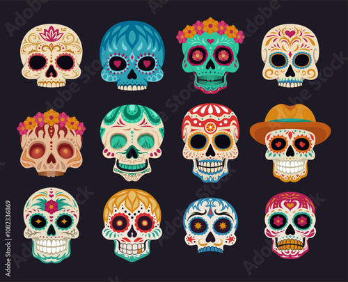 Dia de los muertos Mexican festival ornate skull set vector flat illustration