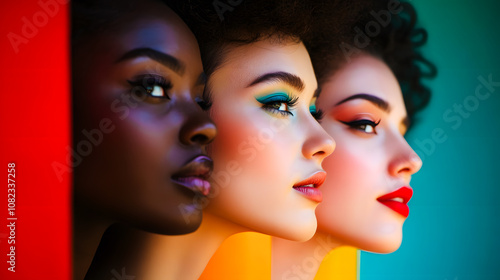 Visage de femmes, alignés et vus de profil, concept de diversité photo