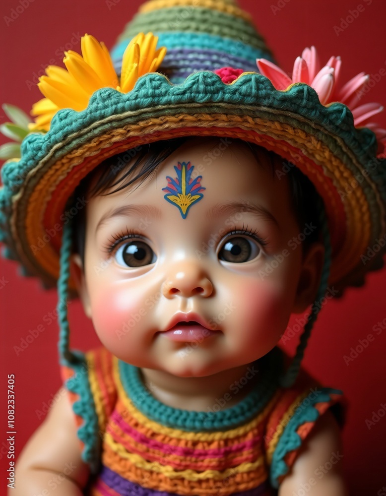 Fototapeta premium mexican baby girl with smooth facial features and beautiful baby hat on her head,red,yellow,green,blue,purple,realistic,detailed,detailed