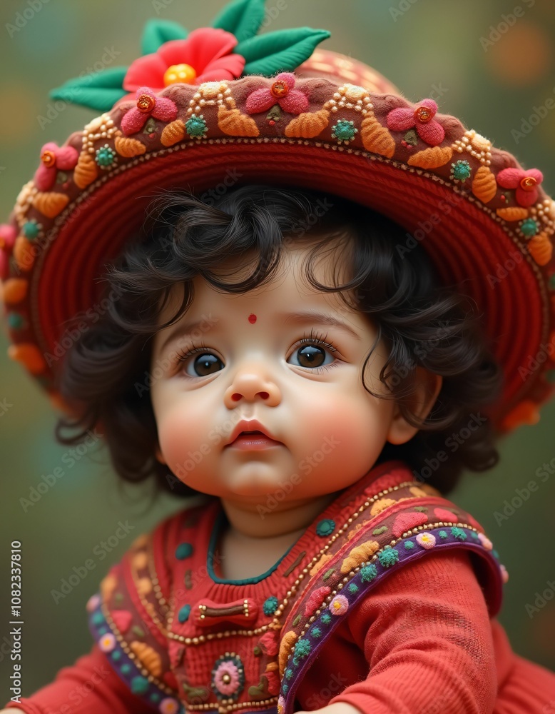 mexican baby girl with smooth facial features and beautiful baby hat on her head,red,yellow,green,blue,purple,realistic,detailed,detailed mexican baby girl with smooth facial features and beautiful baby hat on her head,red,yellow,green,blue,purple,realistic,detailed,detailed