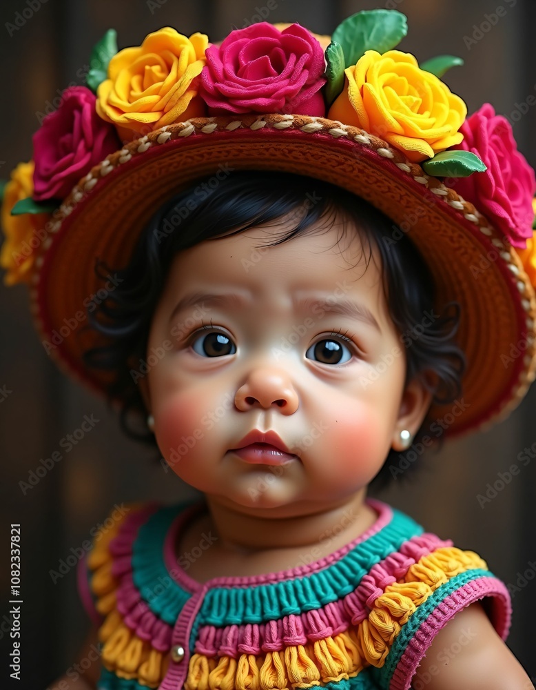 mexican baby girl with smooth facial features and beautiful baby hat on her head,red,yellow,green,blue,purple,realistic,detailed,detailed mexican baby girl with smooth facial features and beautiful baby hat on her head,red,yellow,green,blue,purple,realistic,detailed,detailed