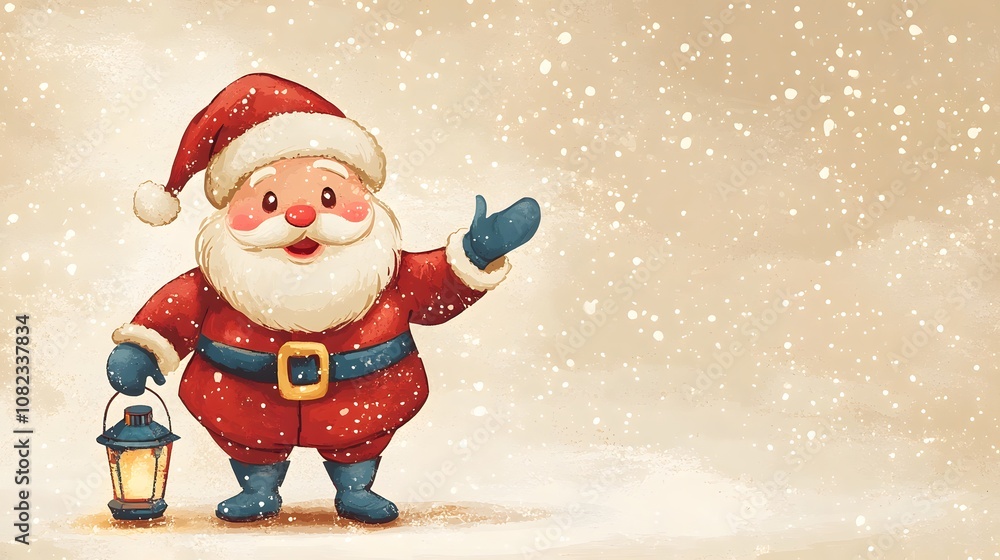 Retro-styled Santa Claus character with jolly expression, holding lantern, wearing red suit with navy accessories against textured beige background in mid-century modern design. Retro-styled Santa Claus character with jolly expression, holding lantern, wearing red suit with navy accessories against textured beige background in mid-century modern design.