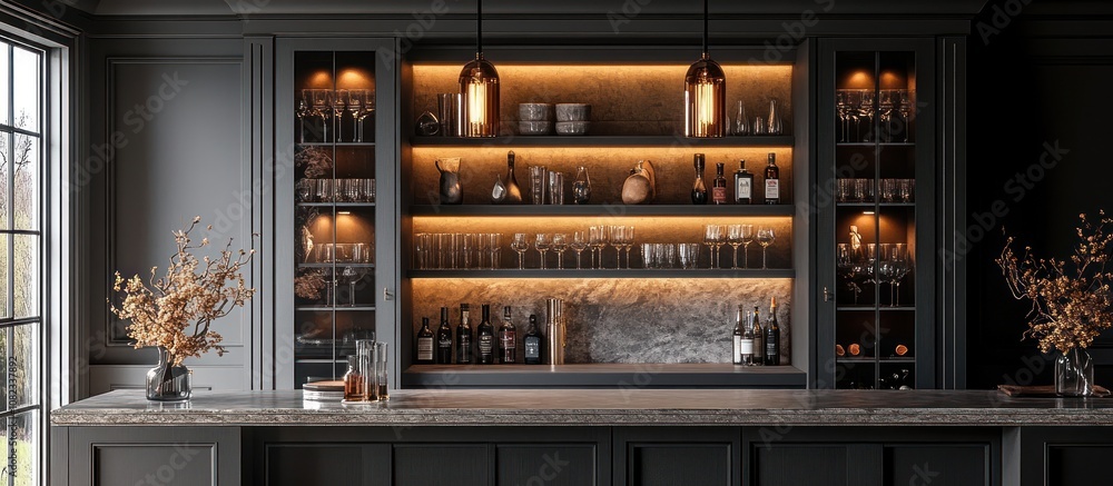 Modern home bar with sleek gray cabinets, glass shelves, and warm lighting. Modern home bar with sleek gray cabinets, glass shelves, and warm lighting.