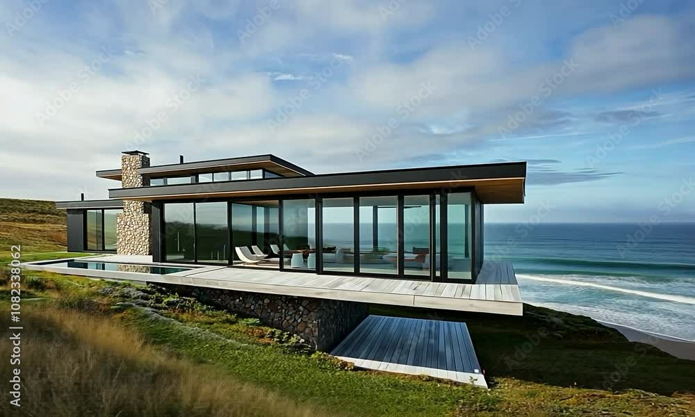 Modern beach house with expansive glass walls and a cantilevered deck, offering a stunning view of crashing waves and sandy shores Modern beach house with expansive glass walls and a cantilevered deck, offering a stunning view of crashing waves and sandy shores
