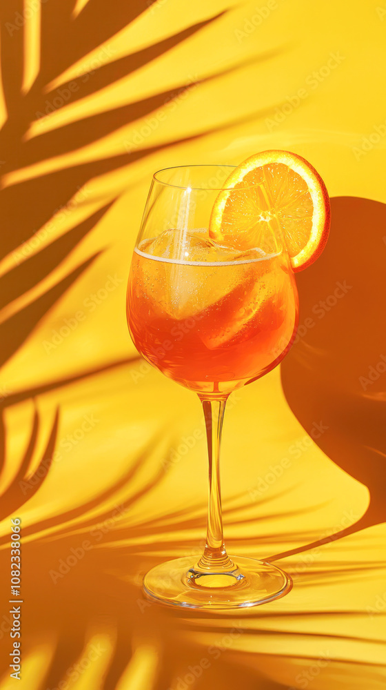 Refreshing aperol spritz cocktail with orange slice and ice in elegant glass against sunny golden background. Refreshing aperol spritz cocktail with orange slice and ice in elegant glass against sunny golden background.