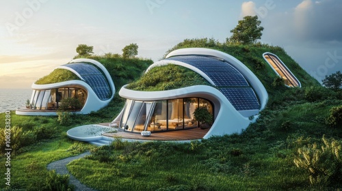 futuristic energy-efficient homes with solar panels and rainwater collection photo