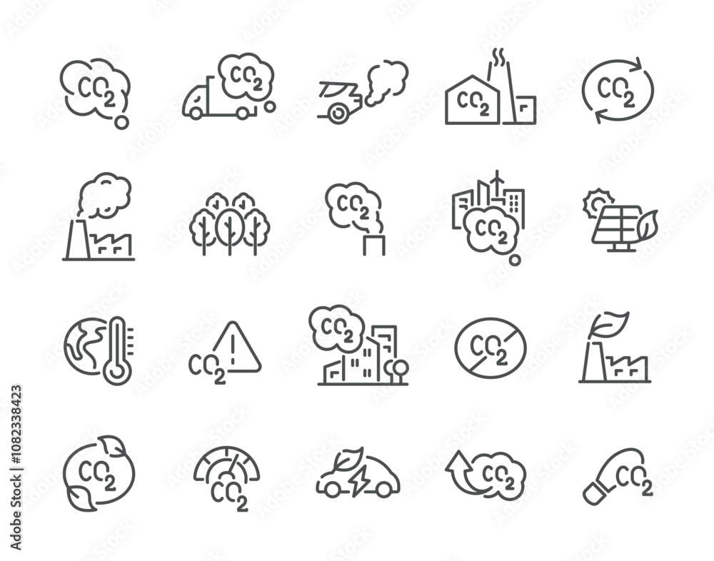 Emissions of carbon dioxide CO2 line art icon set vector illustration Emissions of carbon dioxide CO2 line art icon set vector illustration