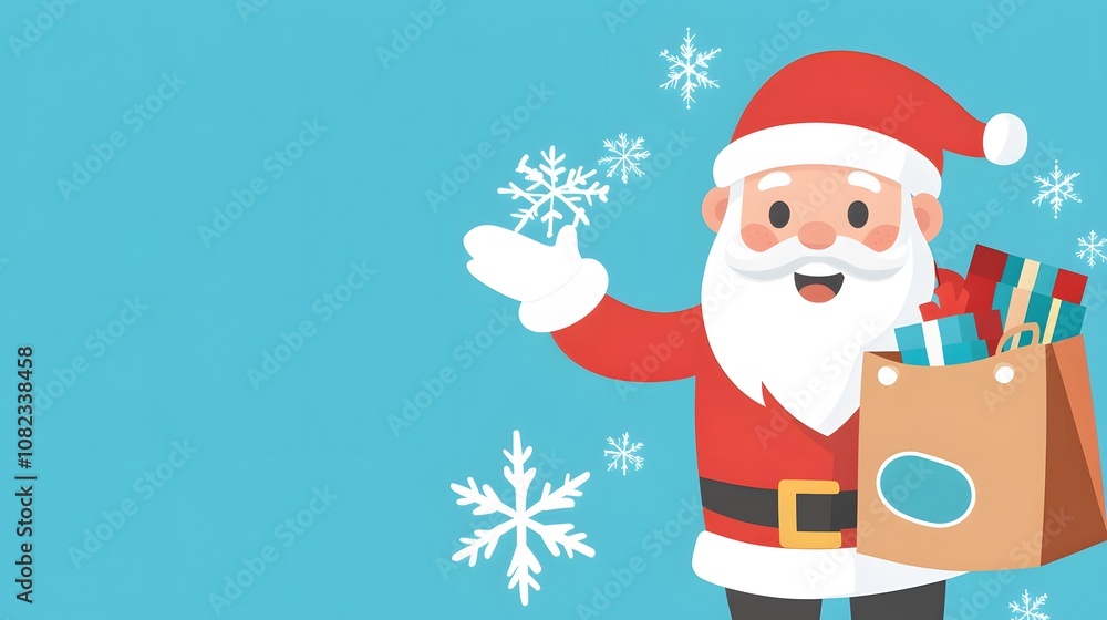 Cheerful Santa Claus with Christmas Gifts in a Brown Bag Against a Light Blue Background with Snowflakes for Holiday Celebrations and Marketing Material Cheerful Santa Claus with Christmas Gifts in a Brown Bag Against a Light Blue Background with Snowflakes for Holiday Celebrations and Marketing Material
