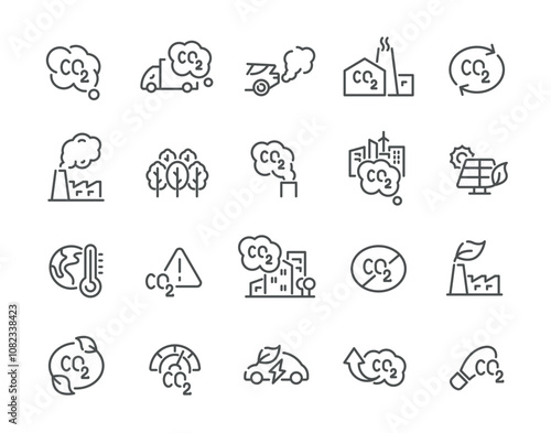 Emissions of carbon dioxide CO2 line art icon set vector illustration