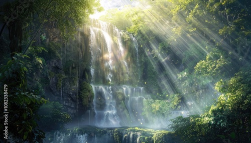 Sunbeams Illuminating a Lush Waterfall in a Verdant Forest