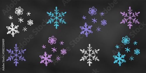 Vintage Chalk Drawn Sketch. Set of Design Elements Compositions from Snowflakes Isolated on Chalkboard Backdrop.