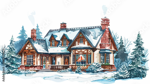 Hand-drawn Winter Cityscape with Christmas Private House