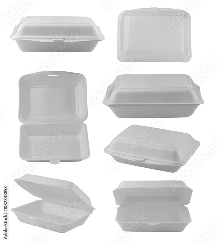 фотографія Styrofoam lunch box or white foam clamshell food containers, open and closed