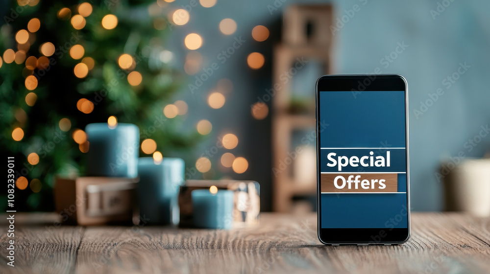 Smartphone displaying Special Offers banner with festive background, perfect for online sales and promotions during holiday season. Capture excitement of shopping! Smartphone displaying Special Offers banner with festive background, perfect for online sales and promotions during holiday season. Capture excitement of shopping!