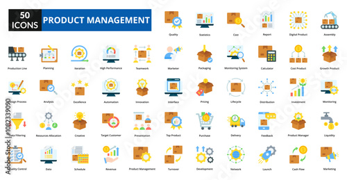 product management flat icon collection set. Includes produce, good, production, chemical, harvest, development, organization, leadership, employment, performance, boss, executive, achievement