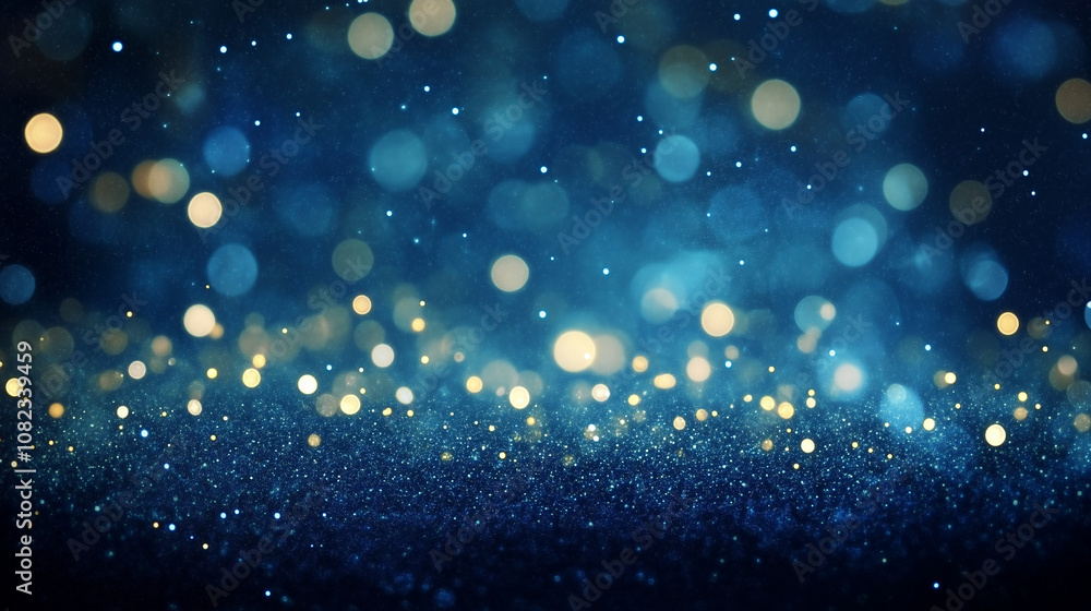 Ethereal, midnight blue abstract background with twinkling golden bokeh lights and cosmic dust, perfect for creating luxurious and magical designs for Christmas, New Year, or wedding themes. Ethereal, midnight blue abstract background with twinkling golden bokeh lights and cosmic dust, perfect for creating luxurious and magical designs for Christmas, New Year, or wedding themes.