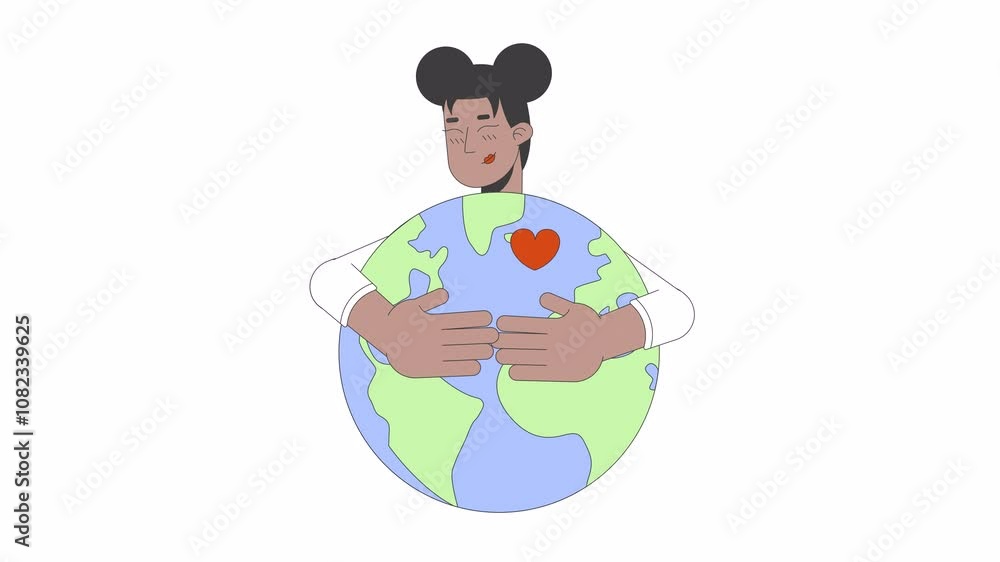 Love earth 2D animation. Protect your planet 4K video motion graphic. Environmentally friendly african american woman hugging globe world animated character cartoon flat concept, white background