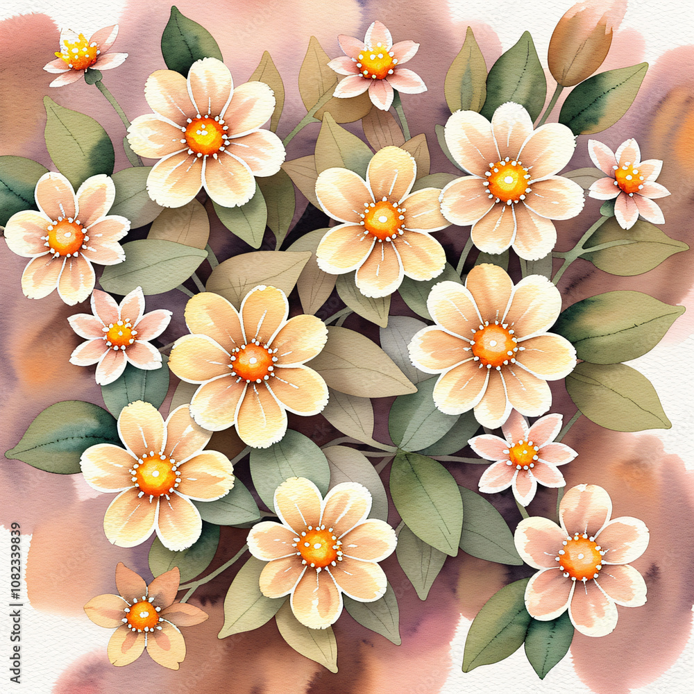 Plain Pale Ochre Background with Tiny Watercolor Flowers Plain Pale Ochre Background with Tiny Watercolor Flowers