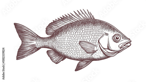 Fish sketch dorado gilt-head bream. Vintage retro print, black white gilt-head bream fish sketch ink pencil style drawing, linear drawing, engrave old school. Sketch artwork dorado fish. Illustration