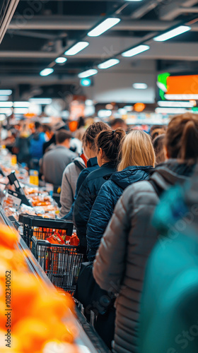 Crowded checkout area in store during Black Friday shopping, with customers waiting in line. atmosphere is bustling and energetic, showcasing excitement of holiday shopping