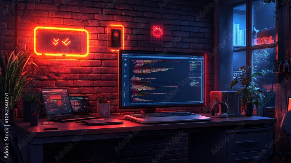 Modern Coding Setup with Neon Lights in a Tech Office. Generative AI Modern Coding Setup with Neon Lights in a Tech Office. Generative AI