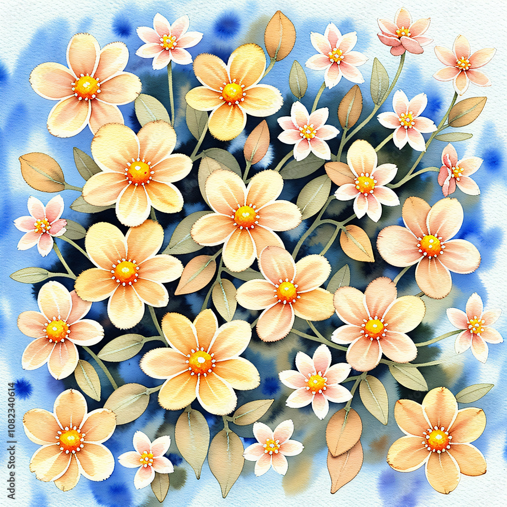 Plain Pale Ochre Background with Tiny Watercolor Flowers Plain Pale Ochre Background with Tiny Watercolor Flowers