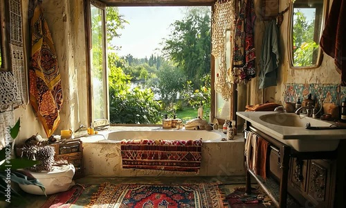 Bohemian bathroom with colorful tiles, eclectic decor, and a view of a lush garden photo