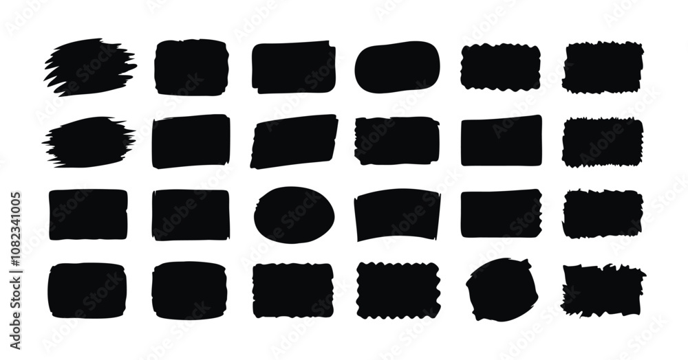 Set of Grunge Brush Stroke Shapes - Black Hand-Painted Textured Rectangles and Squares for Design Elements vector on white background Set of Grunge Brush Stroke Shapes - Black Hand-Painted Textured Rectangles and Squares for Design Elements vector on white background
