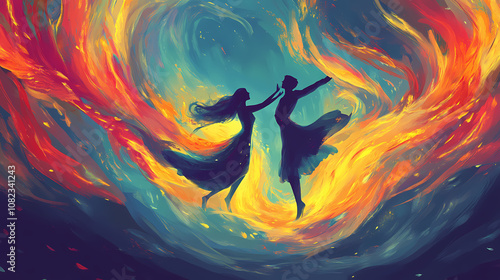 A symphony of vibrant colors and shapes dance together showcasing the harmonious amalgamation of disparate forces at high energies. Harmonious. Illustration