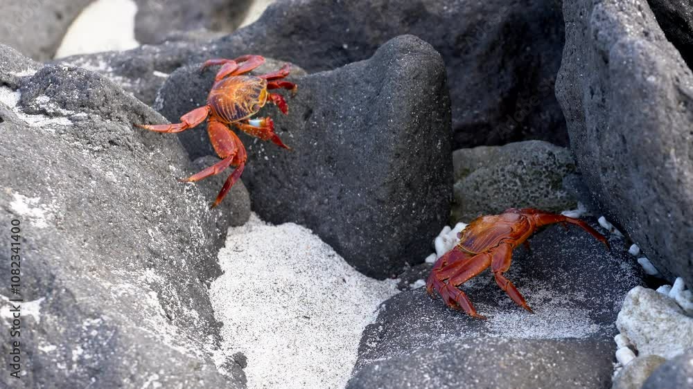 Two sally lightfoot crabs are moving on volcanic rocks with white sand in the galapagos islands Two sally lightfoot crabs are moving on volcanic rocks with white sand in the galapagos islands