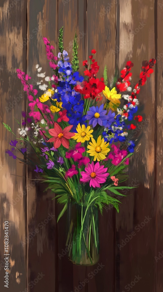 Fototapeta premium Colorful Wildflower Bouquet in Glass Vase on Rustic Wood