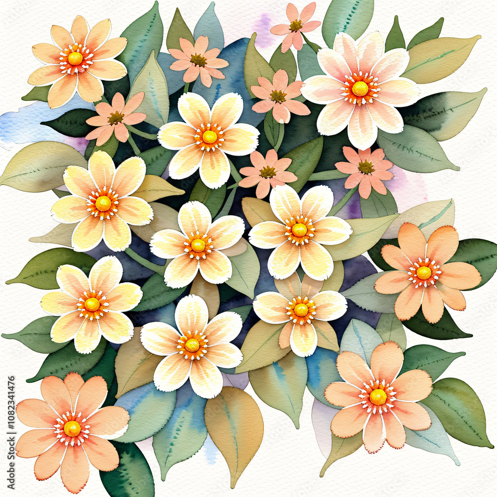 Plain Pale Ochre Background with Tiny Watercolor Flowers Plain Pale Ochre Background with Tiny Watercolor Flowers