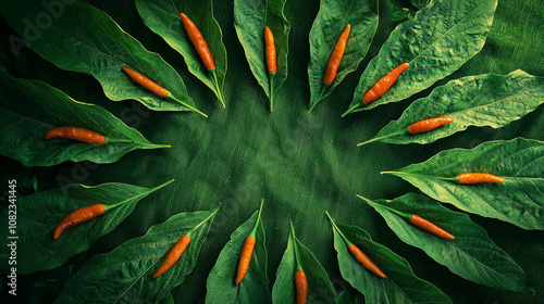 Top view of vibrant orange chili peppers arranged symmetrically on green leaves over textured fabric background photo