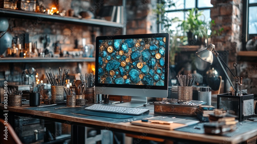 Creative Workspace with Metallic Tools and Gemstone Display. Generative AI Creative Workspace with Metallic Tools and Gemstone Display. Generative AI