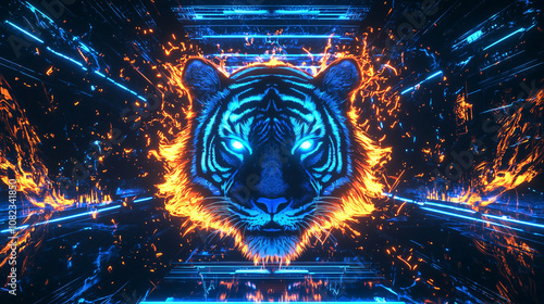 A striking digital art of a tiger with glowing blue eyes, surrounded by neon flames and futuristic cyberpunk elements photo