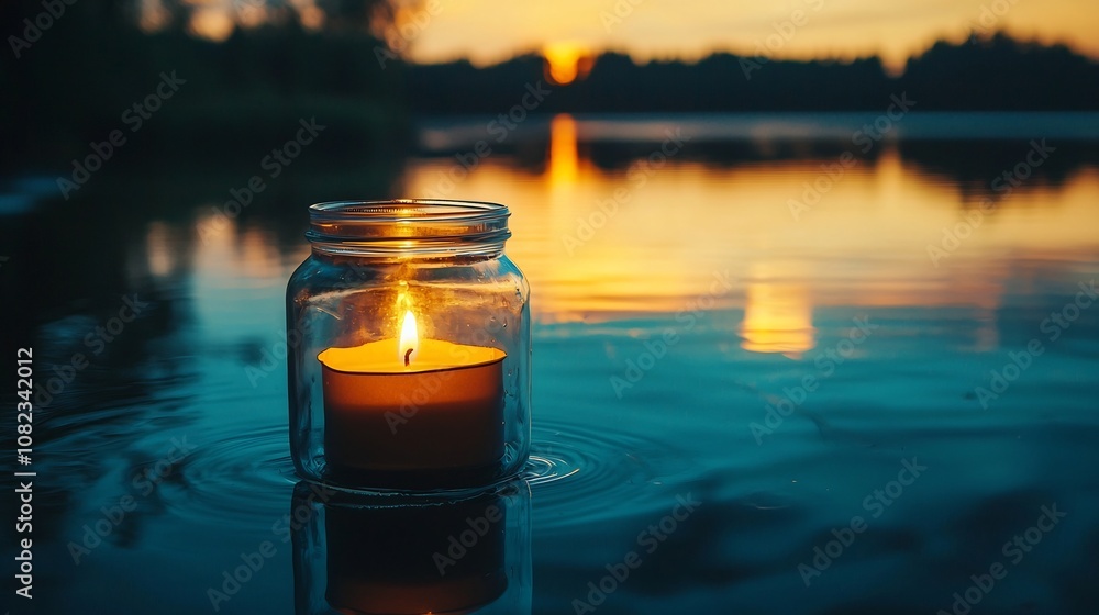 Mystical Candle Floating on Serene Lake at Tranquil Nightfall Mystical Candle Floating on Serene Lake at Tranquil Nightfall