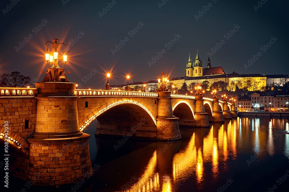Illuminated Charles Bridge in Prague at night with warm lights, reflecting on the calm Vltava river, showcasing historic Gothic architecture and creating a serene and magical evening atmosphere Illuminated Charles Bridge in Prague at night with warm lights, reflecting on the calm Vltava river, showcasing historic Gothic architecture and creating a serene and magical evening atmosphere