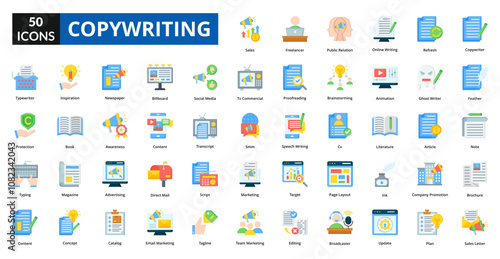 copywriting flat icon collection set. Includes working, online, job, internet, office, person, copywriting, technology