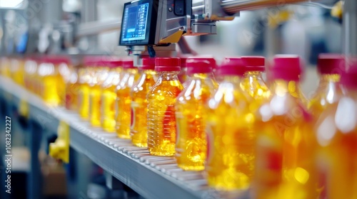 Wallpaper Mural Production Line of Bottled Vegetable Oil in a Modern Factory, Highlighting Quality Control, Automation, and Industrial Processes for Food Products Torontodigital.ca