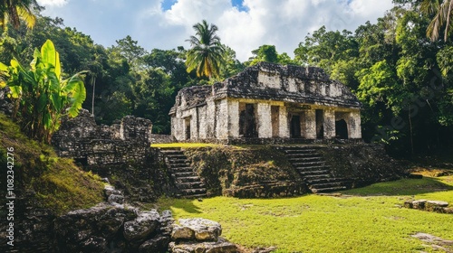 Ancient Mayan Ruins in Lush Green Jungle