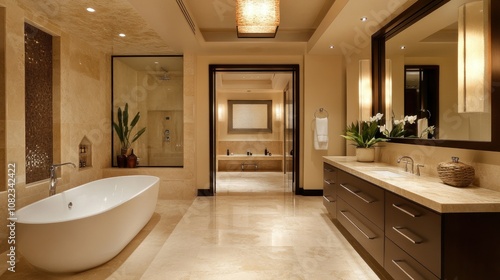 Modern Bathroom with Freestanding Tub, Marble Floors, and Dark Cabinetry