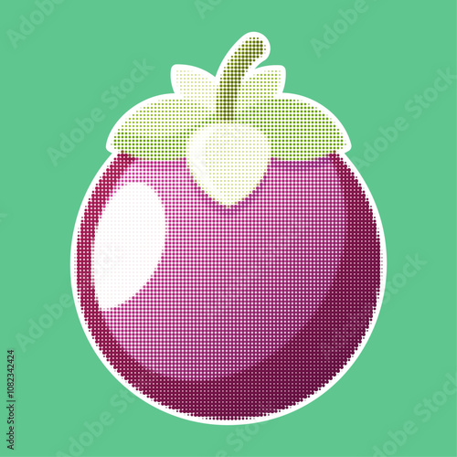 Mangosteen. Trendy halftone style. Fresh fruit retro color halftone dotted texture. Vintage cutout magazine pop art style, modern collage element. Vector illustration