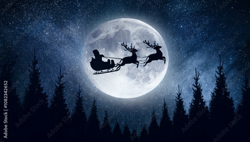A silhouette of reindeer flying with Santa Claus in a sleigh against a full moon and starry sky over a forest of pine trees A silhouette of reindeer flying with Santa Claus in a sleigh against a full moon and starry sky over a forest of pine trees