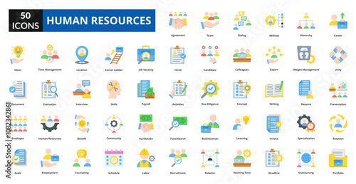 Human Resources flat icon collection set. Includes talent, opportunity, efficiency, skill, supply, solution, system, control, source
