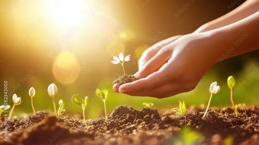 Fototapeta premium Hands Holding a Sprout Against the Sun