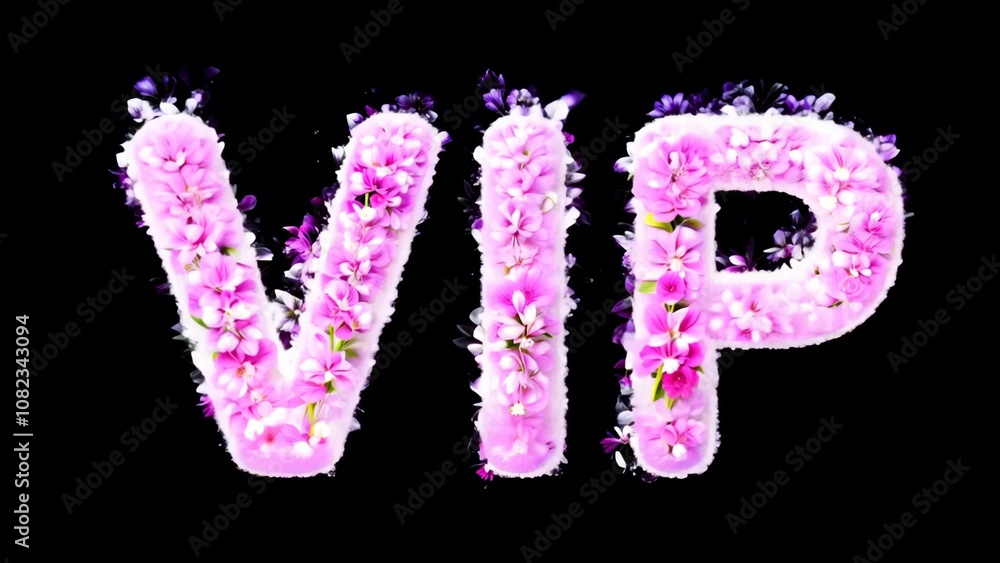 The word VIP is written in pink flowers. It is a flowery font. The letters are large and pink The word VIP is written in pink flowers. It is a flowery font. The letters are large and pink