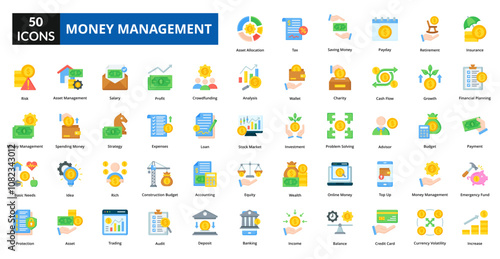 Money Management flat icon collection set. Includes business, money, finance, investment, banking, financial, management, economy, budget, profit, income