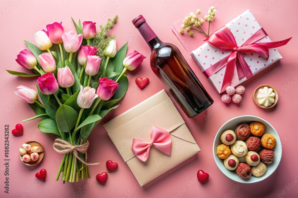 Festive Flat Lay of Valentine's Day Greeting Card with Flowers, Wine, Sweets, and Gifts on Pink Background Celebrating Birthdays and Mother's Day - Ideal for Holiday Cards Festive Flat Lay of Valentine's Day Greeting Card with Flowers, Wine, Sweets, and Gifts on Pink Background Celebrating Birthdays and Mother's Day - Ideal for Holiday Cards